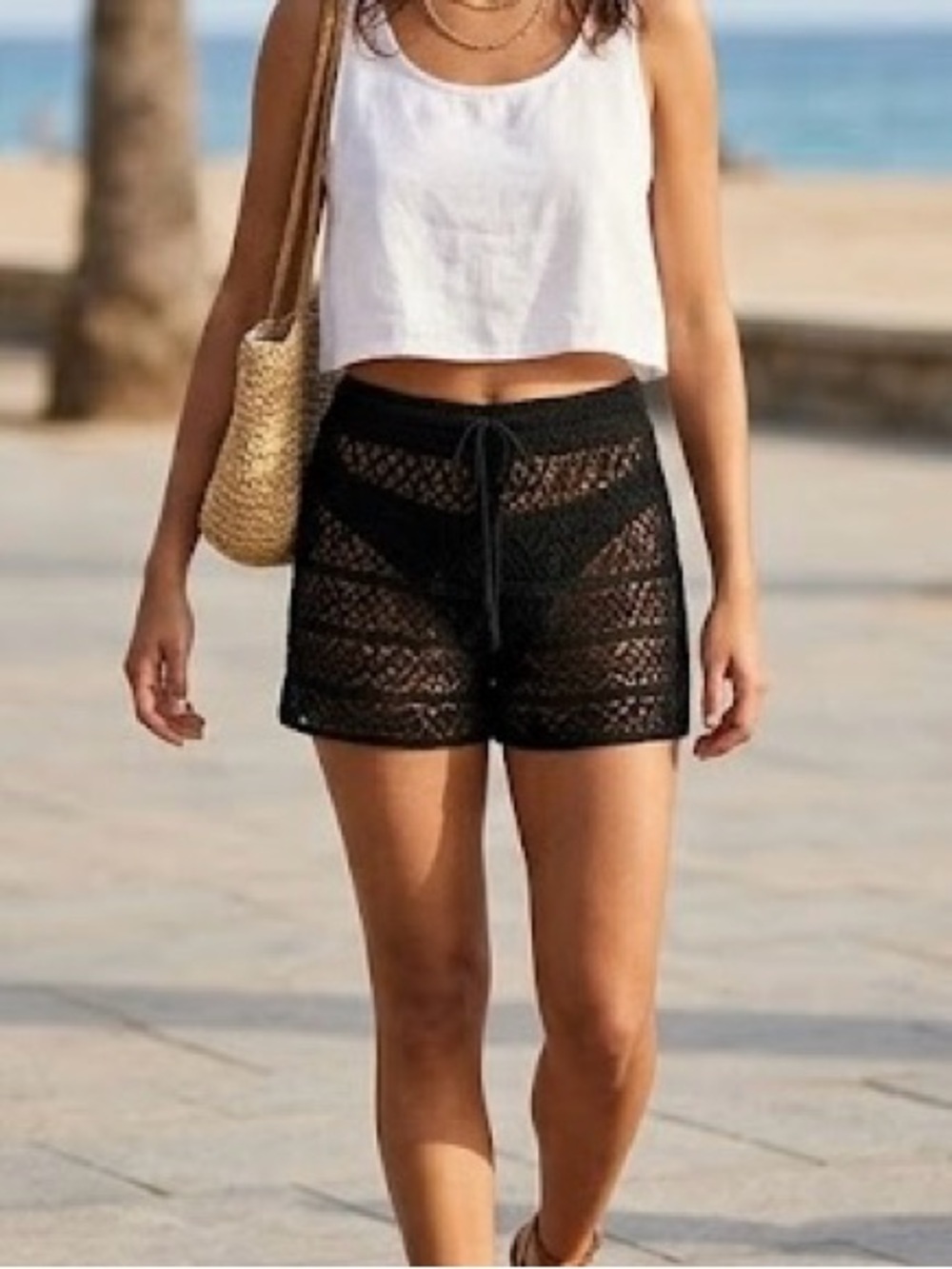 Black Crochet Lace Beach Shorts Lightweight Cover-Up Resortwear Pool Casual Chic